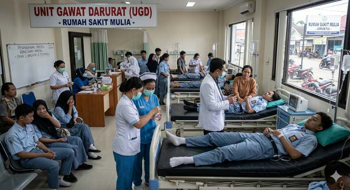 Petugas mengevakuasi siswa yang diduga keracunan usai menyantap makanan program MBG di Amuntai.