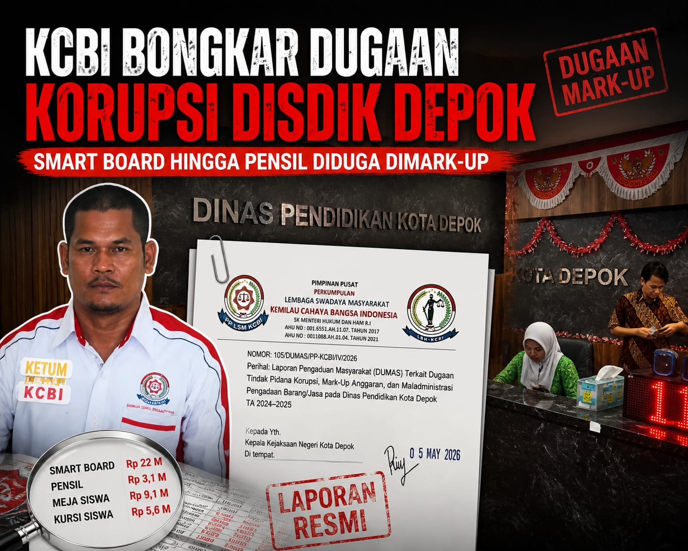 LSM Kemilau Cahaya Bangsa Indonesia menyampaikan laporan dugaan mark-up pengadaan Disdik Depok ke Kejaksaan Negeri Depok.