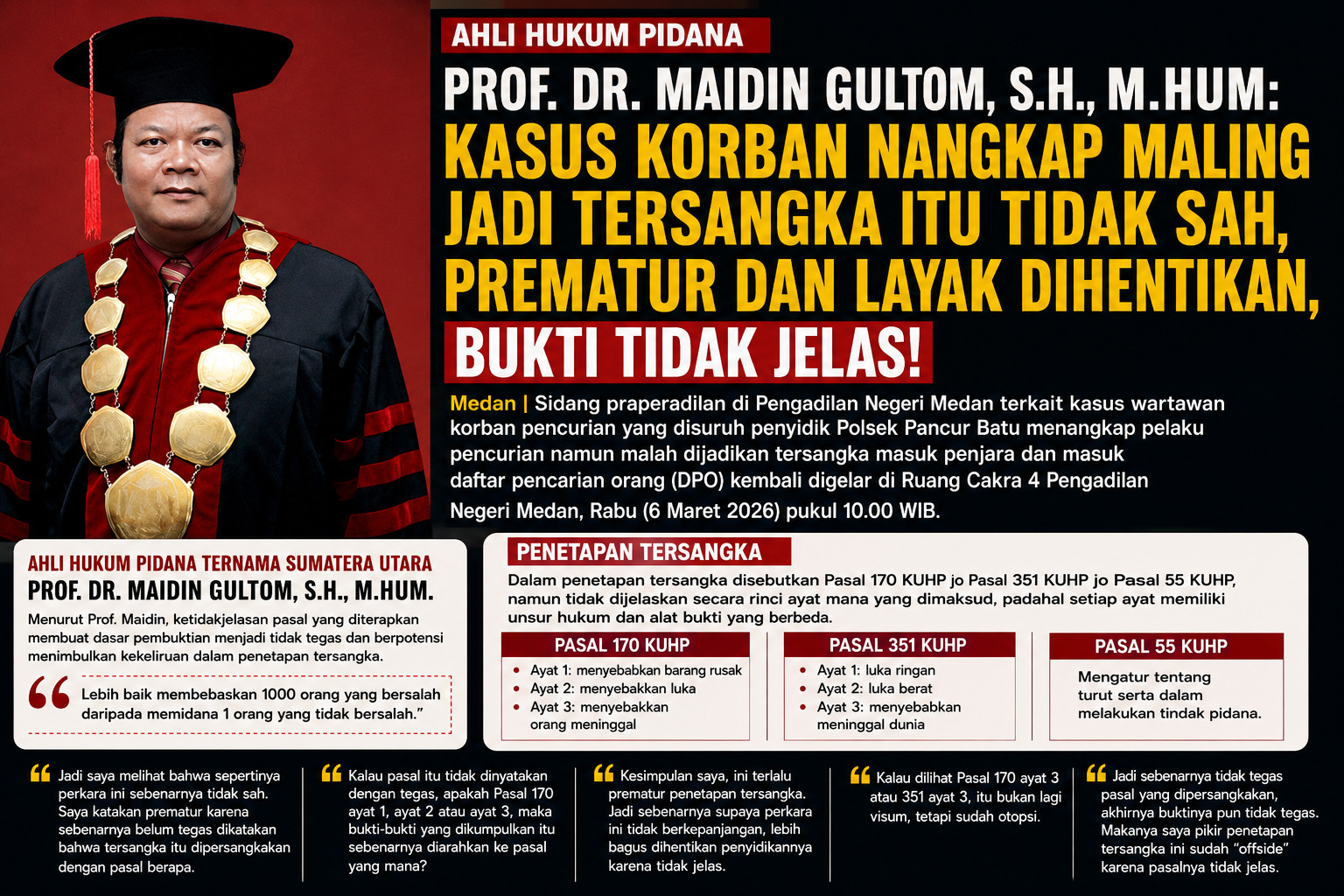 Prof. Dr. Maidin Gultom memberikan keterangan ahli dalam sidang praperadilan di Pengadilan Negeri Medan terkait penetapan tersangka kasus korban pencurian.