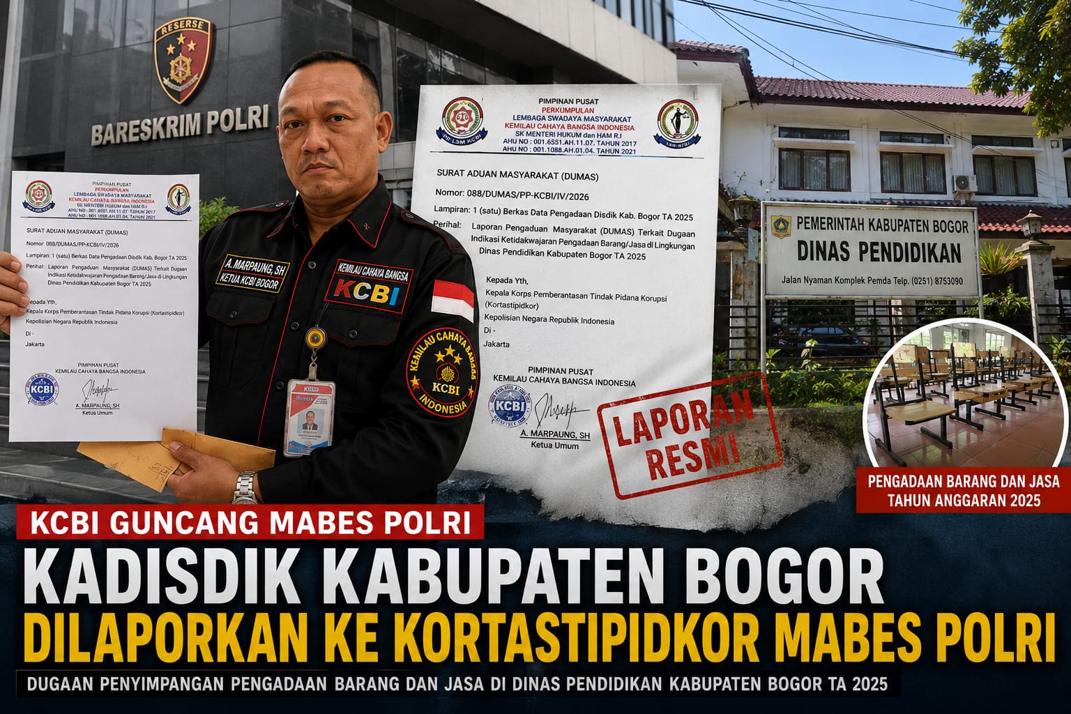 A. Marpaung melaporkan dugaan penyimpangan pengadaan Disdik Bogor ke Kortastipidkor Mabes Polri.