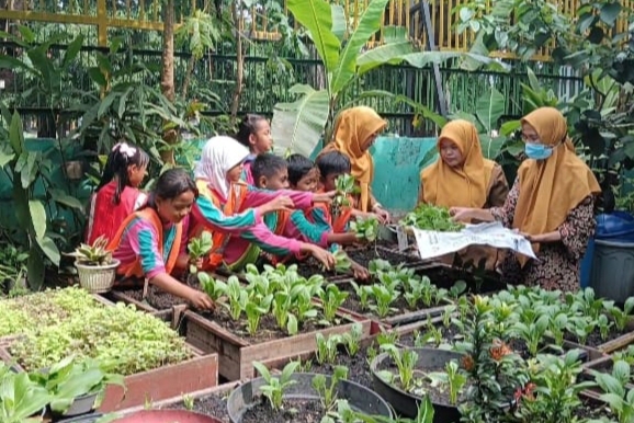 Siswa dan guru SDN Ngagel 1 Surabaya memanfaatkan meja bekas sebagai media tanam hidroponik di lingkungan sekolah.